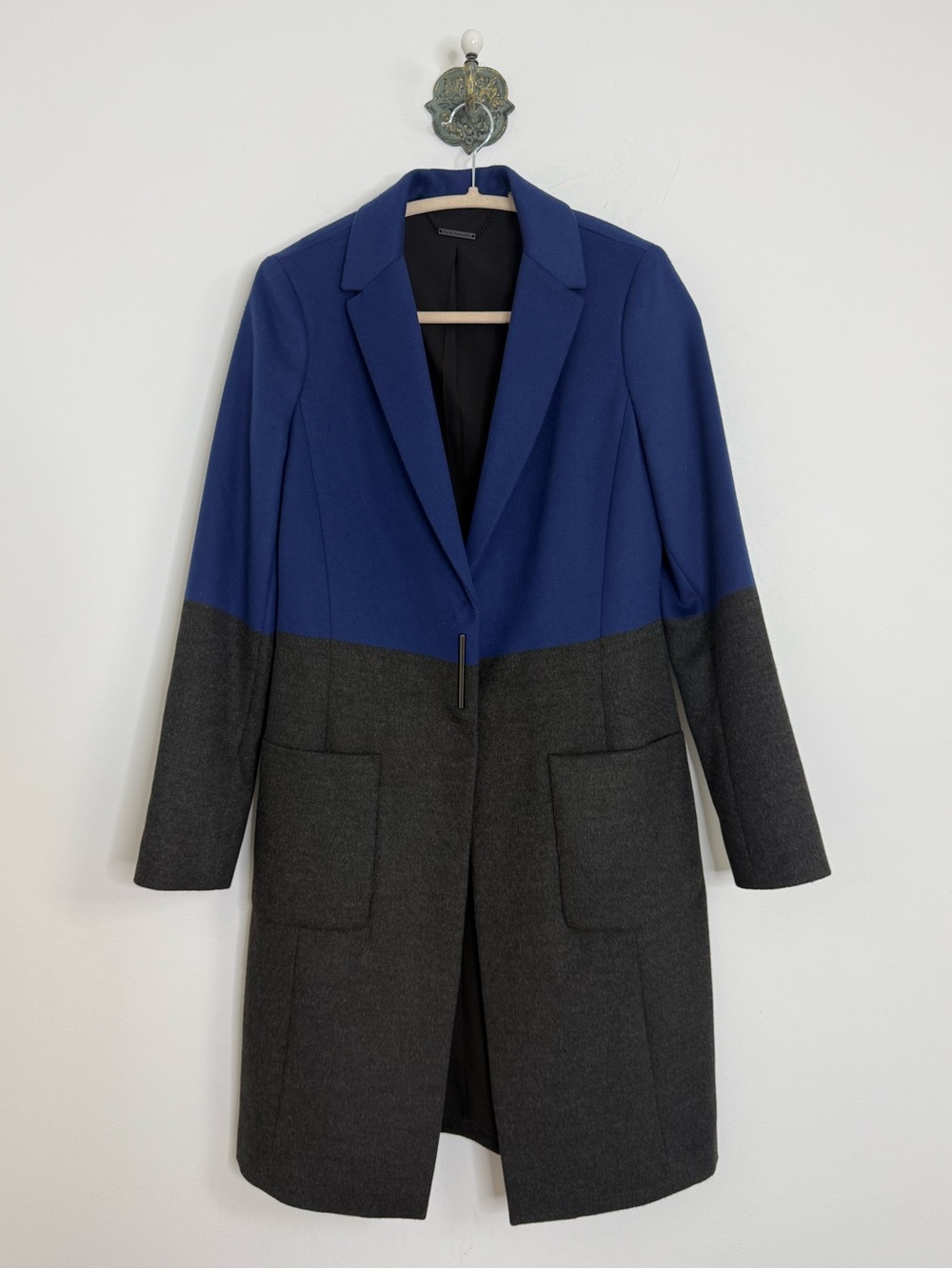 Elie Tahari Royal Blue Charcoal Gray Color Block Car Coat Outerwear Women's XS